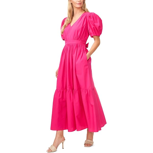 CeCe Women's Printed Linen Puff Sleeve V-Neck Maxi Dress, Sweet Rose Medium  at Amazon Women's Clothing store