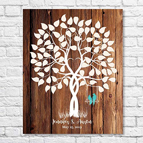 Fancy Studios personalized wedding guestbook tree guest book alternative print poster art sign in tree with love birds swing custom unique anniversary engagement birthday thumb fingerprint wall art