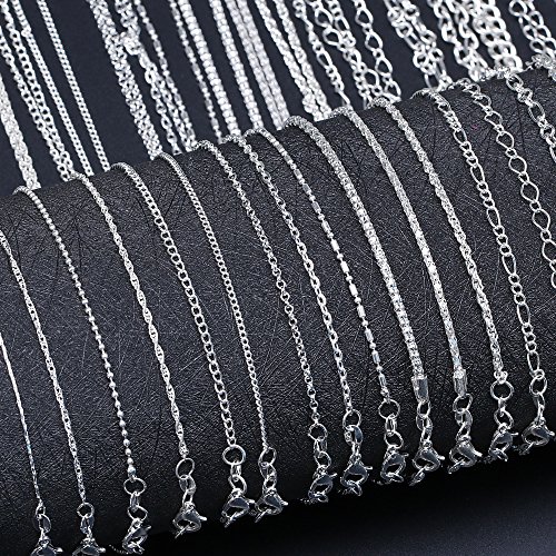 YUEAON 20 Pack Different Silver Plated Necklace Chain with Lobster Clasps for Jewelry Making Supplies-Bulk Lots