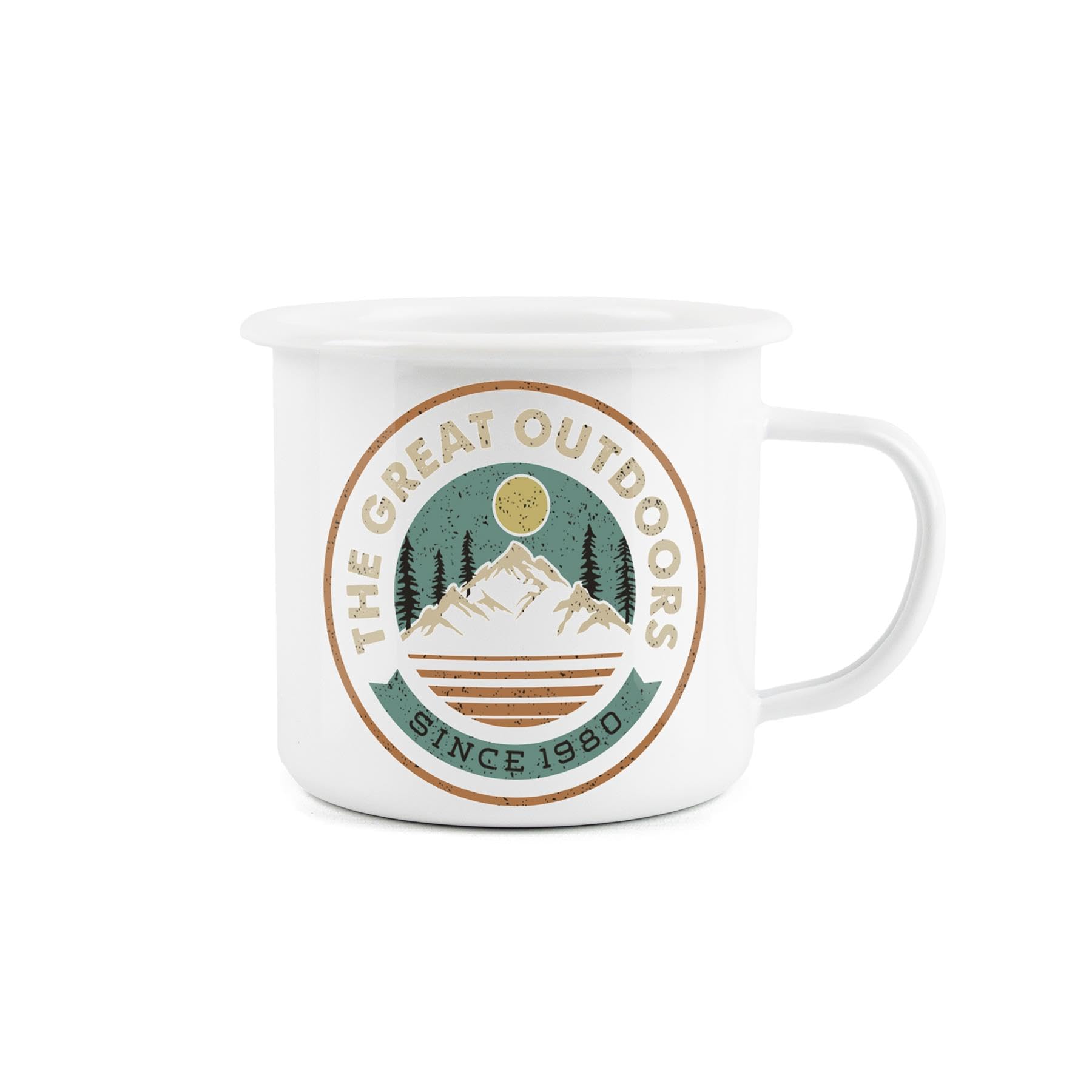 The Great Outdoors Vintage Style Enamel Mug - Camping Gift Durable Hot Drinks White Outdoor Cup - Travel Picnics Home Hiking