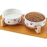 Ceramic Dog Bowls, 3.5 Cups Dog Food and Water Bowl Set for Medium Dogs with Wooden Stand and Non-Slip Silicone Food Mat, Weighted Embossed Cute Puppy Bowls Feeding Dishes Set of 2, 32 OZ