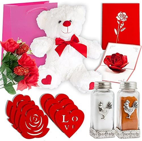 Mothers Day Gift Basket | 12 Inch Teddy Bear Plush, 3D Popup Card, Artificial Rose Flower Bouquet, 4 Rose Shaped Felt Wine Coaster, 4 Love Shaped Drink Coaster, Salt & Pepper Shakers & Gift Bag