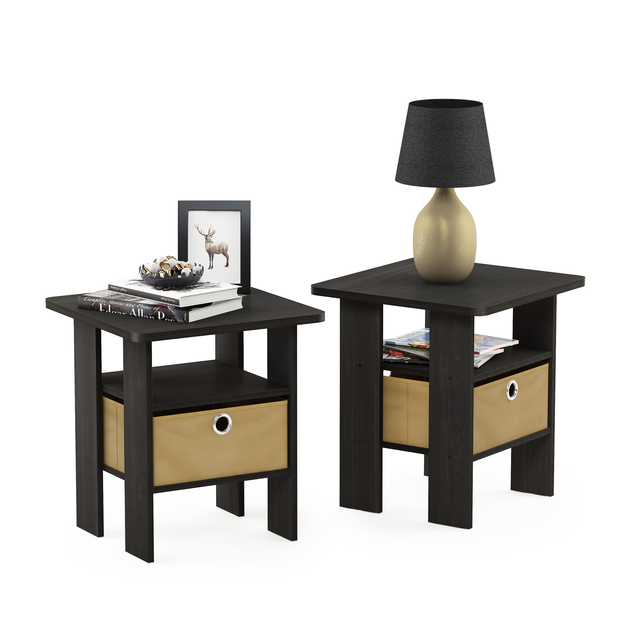 Furinno ANDREY Side Table, Set of 2 End Table, Night Stand with Open Shelves and Storage Bin, Bedside Table, for Living Room, Bedroom, Espresso