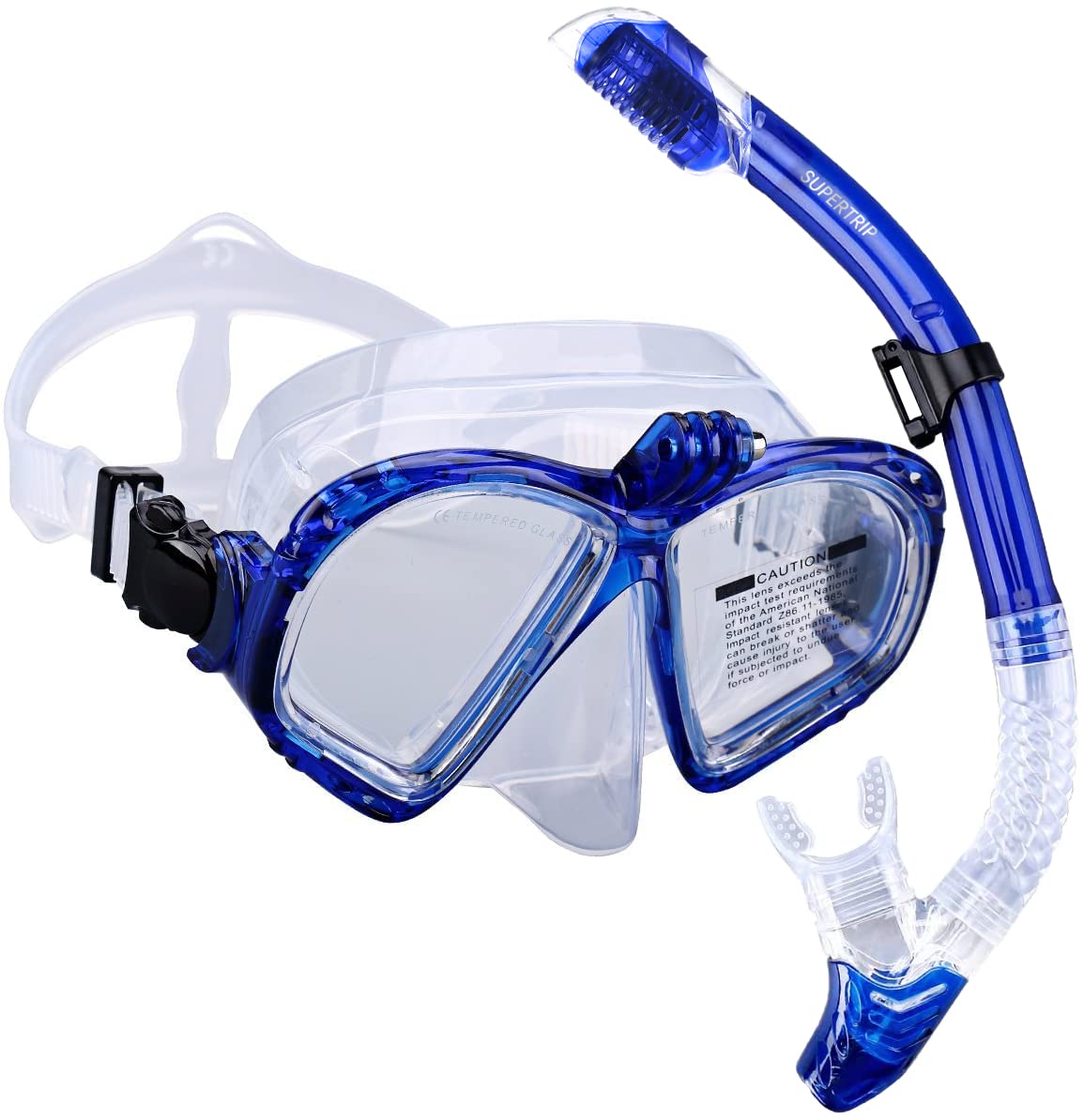 Supertrip Premium Snorkel Set Adult with 2 Mouthpieces Diving Mask Snorkeling Diving Swimming Goggles Mask Dry Snorkel Set with Camera Mount Color Blue
