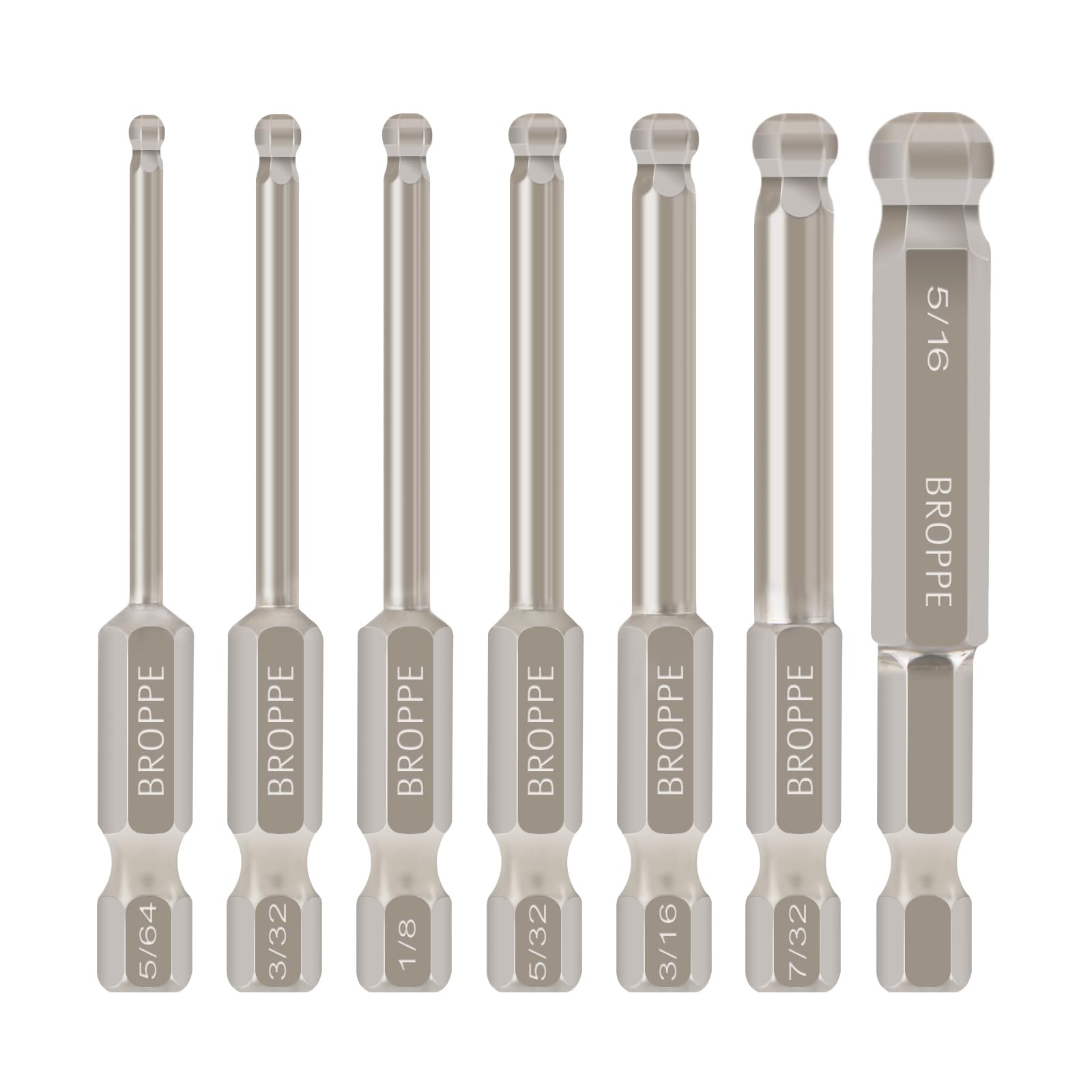 7pcs SAE Ball End Hex Screwdriver Bit Set Allen Bits Imperial 5/64-5/16 Inch 65mm Magnetic 1/4 Inch Hex Shank