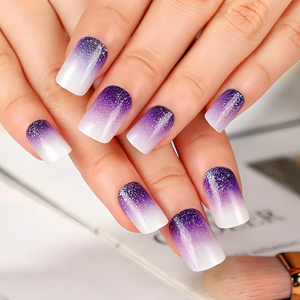 Rilafuvu Square Press on Nails Short Fake Nails Purple Gradient Glue on Nails Glitter Acrylic Nails Glossy False Nails Press on Nails for Women and Girls 24Pcs - Image 2
