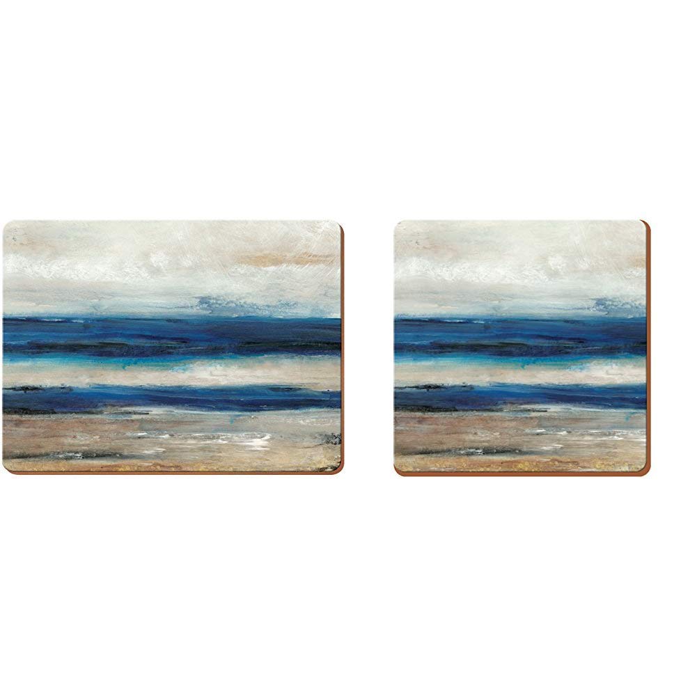 Creative Tops Cork Backed Wooden Placemats, Abstract Ocean View + Set of 6 Premium Wooden Cork-Backed Coasters