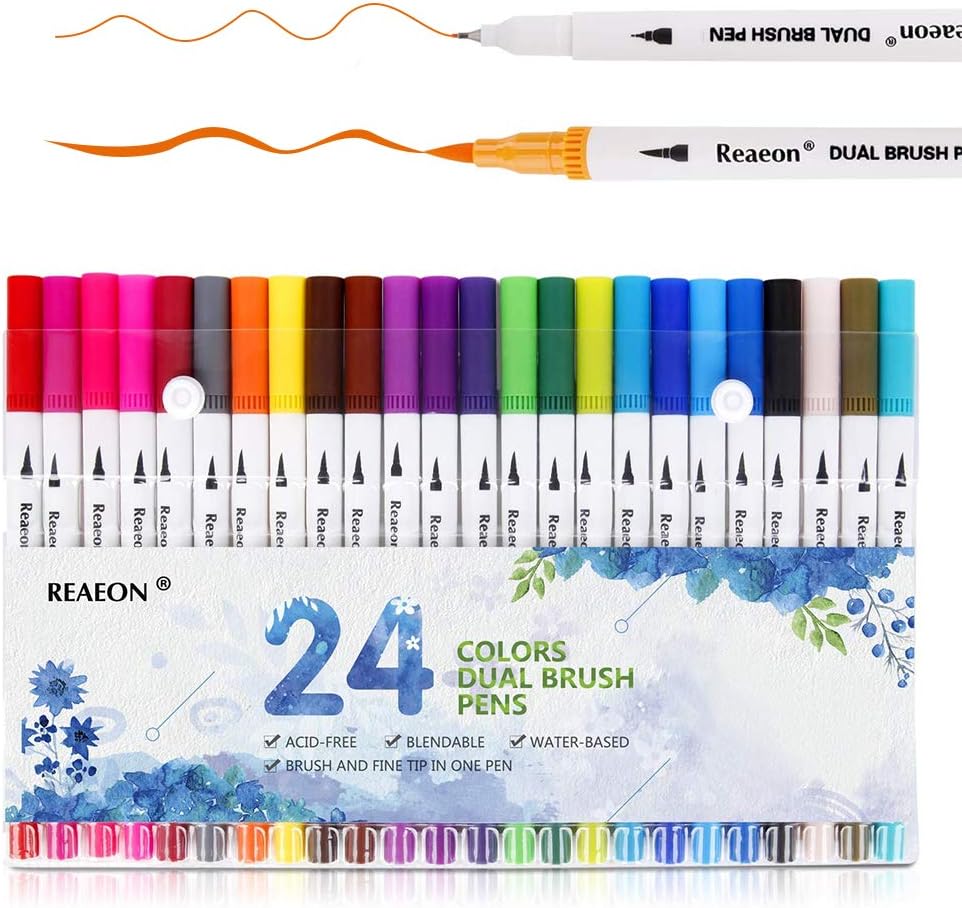 Reaeon Brush Marker Pens Dual Tips, Bullet Journal Fine Point Pen & Calligraphy Markers Set for Adult Coloring Books - 24 Colors Office School and Art Supplies