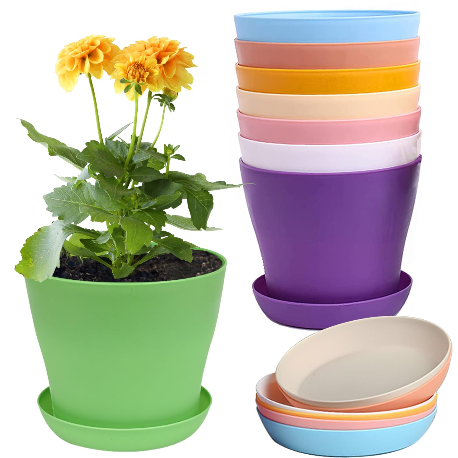 LOSYHU 8 Pack Plastic Plant Pots 14CM Small Flower Pots Round Colorful Flower Seedling Nursery Pots, Mini Plastic Plant Container Set, Plant Pots and Saucers for Indoor & Outdoor Garden, 8 Colours