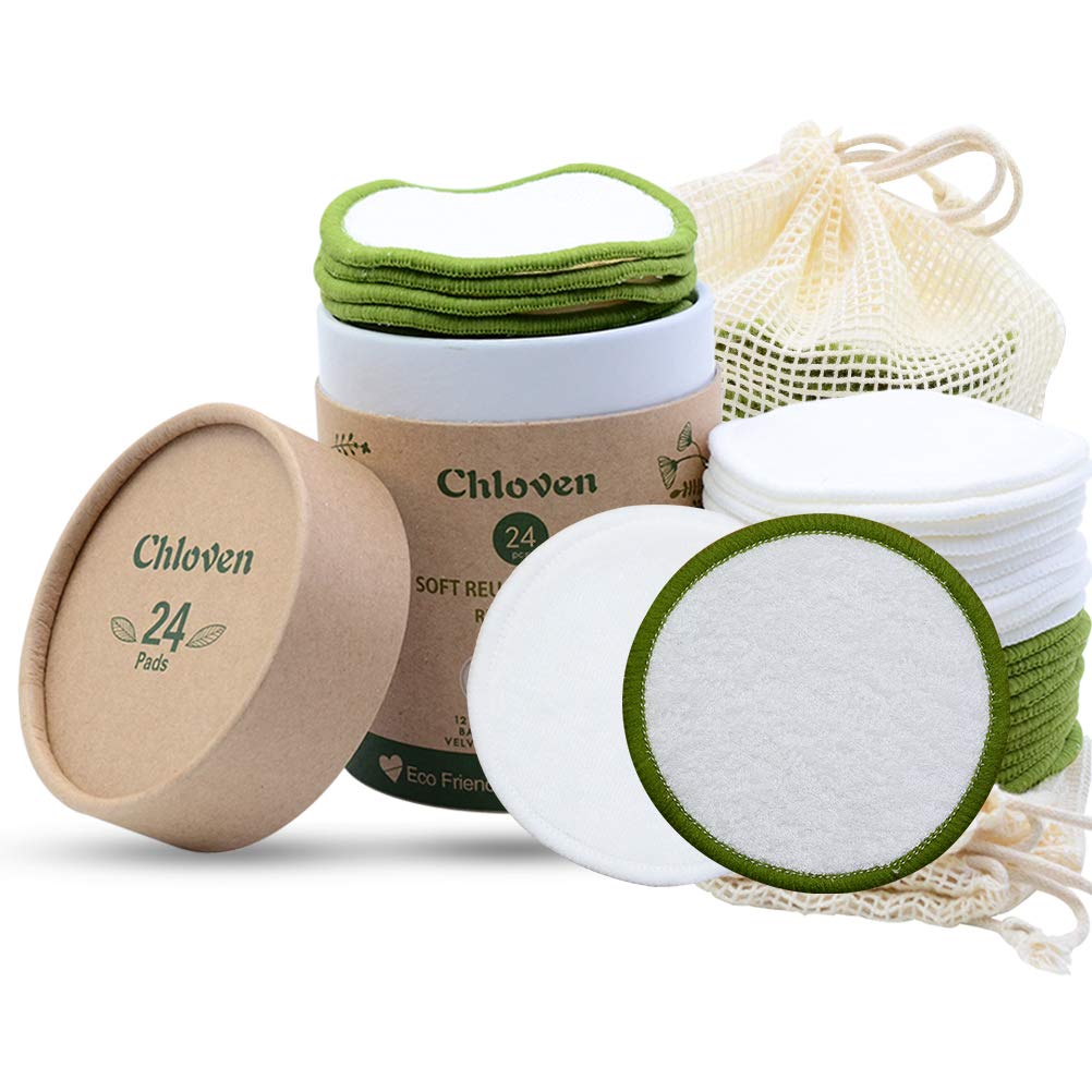 Chloven Reusable Makeup Remover Pads 24 Pack - Washable Eco-Friendly Bamboo Velour Pads for all Skin Types,Bamboo Reusable Cotton Rounds for Toner, with Cotton Laundry Bag And Round Box for Storage