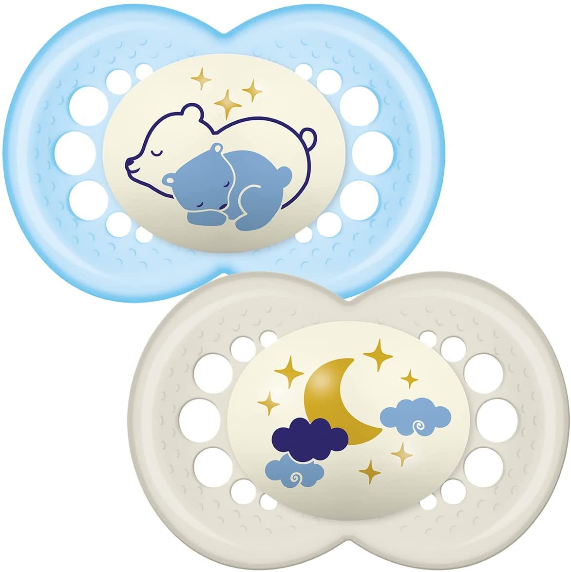 MAM Night Glow in The Dark Soother Suitable 6 Months with Sterilisable Travel Case - Pack of 2, Blue (Designs May Vary)