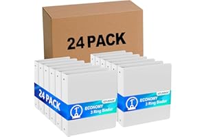 XRUNMIX Bulk 24 Pack Economy 3-Ring Binders, 1 Inch, Round Rings, 200 Sheet Capacity, ClearVue Presentation View, Non-Stick, White (24)