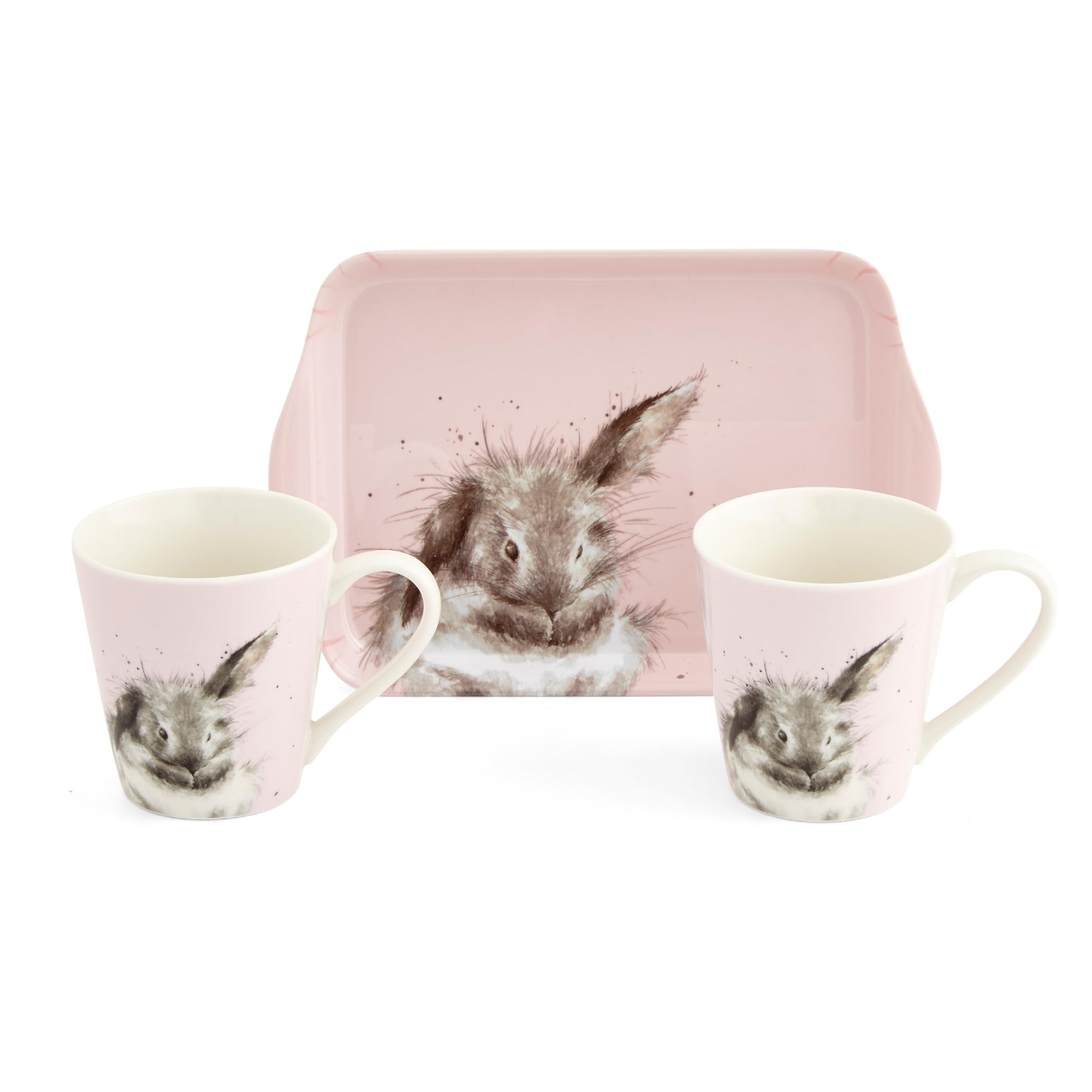 Royal Worcester x Wrendale Designs Mug and Tray Set - Porcelain & Melamine, Perfect for Tea or Coffee Time with Your Partner, Bathtime Rabbit Pink Design