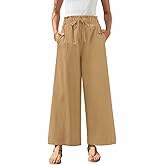 Anyally Women's Linen Summer Palazzo Pants Casual Flowy Wide Leg Drawstring High Waist Beach Trousers with Pockets