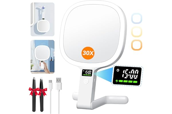 Auxmir 30X/1X Magnifying Mirror with LED Digital Display, Rechargeable Double-Sided Makeup Mirror with Light, Portable Travel