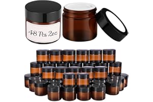 2 oz Small Glass Jars with Lids, Bumobum 48 pack Round Amber Glass Candle Jars with Black Lids, White Labels & Inner Liners, Empty Cosmetic Containers for Cream, Lotion, Slime