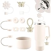 Hpebl Cup Accessories for Stanley 30oz&40oz Tumbler including Flower Butterfly Straw Topper Cover, Spill Proof Stopper, Silicone Cup Boot, Butterfly Charms for Stanley-Cream Beige