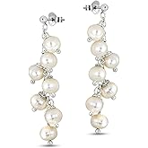 AeraVida Enchanting White Cultured Freshwater Pearls .925 Sterling Silver Post Dangle Earrings | Elegant Pearl Drop Earrings for Women | Timeless Silver Jewelry