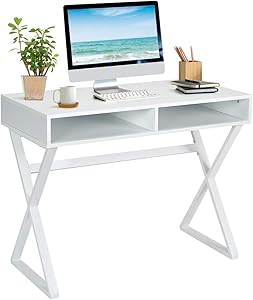 Tangkula Modern Computer Desk, Makeup Vanity Table, Multifunctional Table with 2 Storage Compartments, Writing Desk for Home, Office and Study (White)