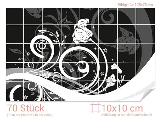 GRAZDesign Fliesenfolie Bad Schwarz - weiß - Fliesentattoo Küche Ornamente - Fliesenaufkleber Bad Blumen - Fliesenaufkleber K