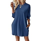 Dokotoo Womens Dresses 2025 Spring 3/4 Sleeve Fashion Dresses Crewneck Casual Mini Dress with Pockets S-XL