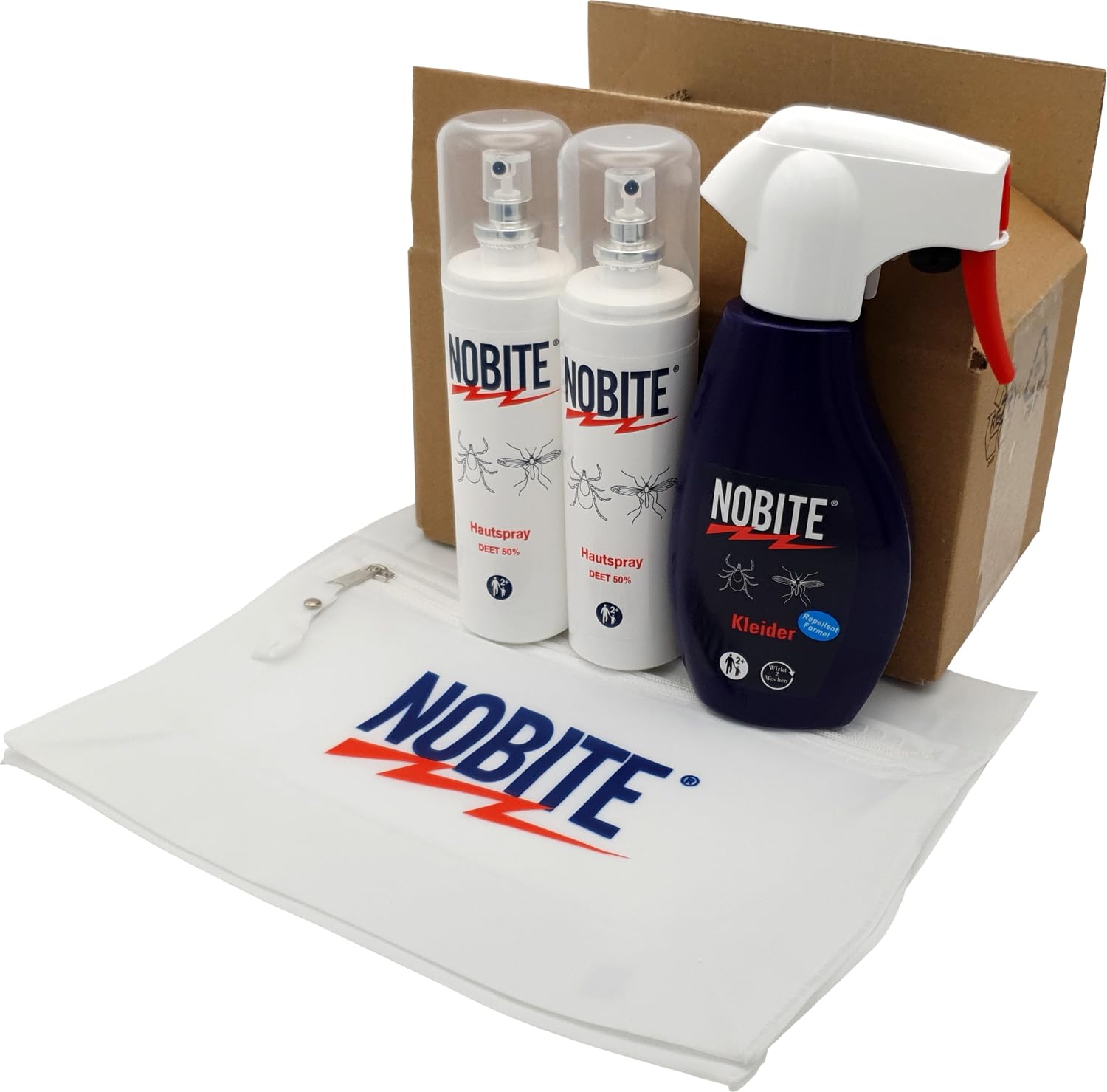 NOBITE Insektenschutz Set (3-teilig) + Kulturtasche – Mückenschutz & Kleider-Imprägnierung gegen Zecken, Tropen & Reisen – DEET 50% Hautspray 2x100ml + 200ml Kleiderspray – Langanhaltend für Familie 6