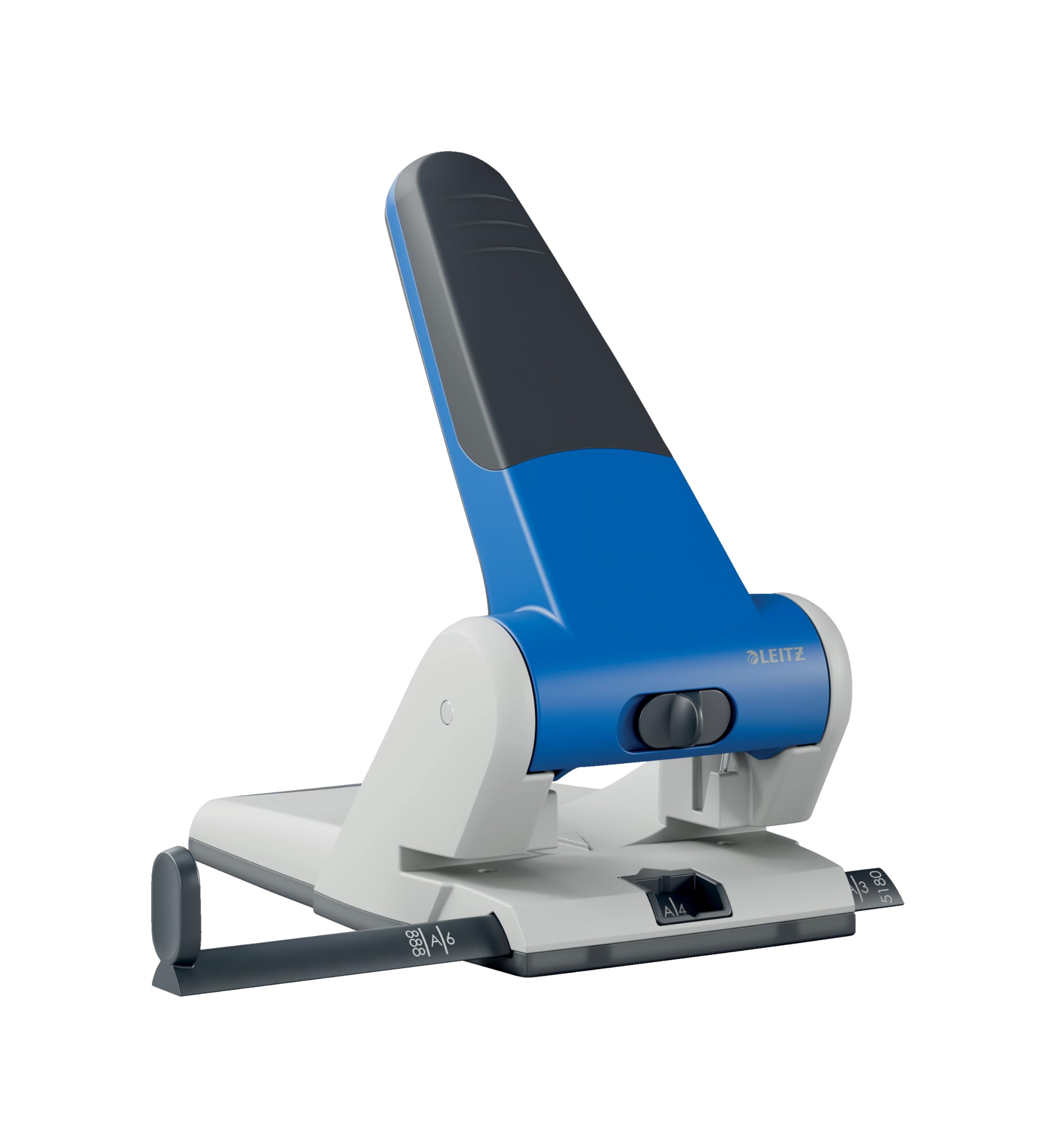 Leitz Extrastarker Registraturlocher, Metall, geeignet für bis zu 65 Blatt, Anschlagschiene mit Formatvorgaben, Ergonomisches Design dank Griffmulde, blau, 51800035