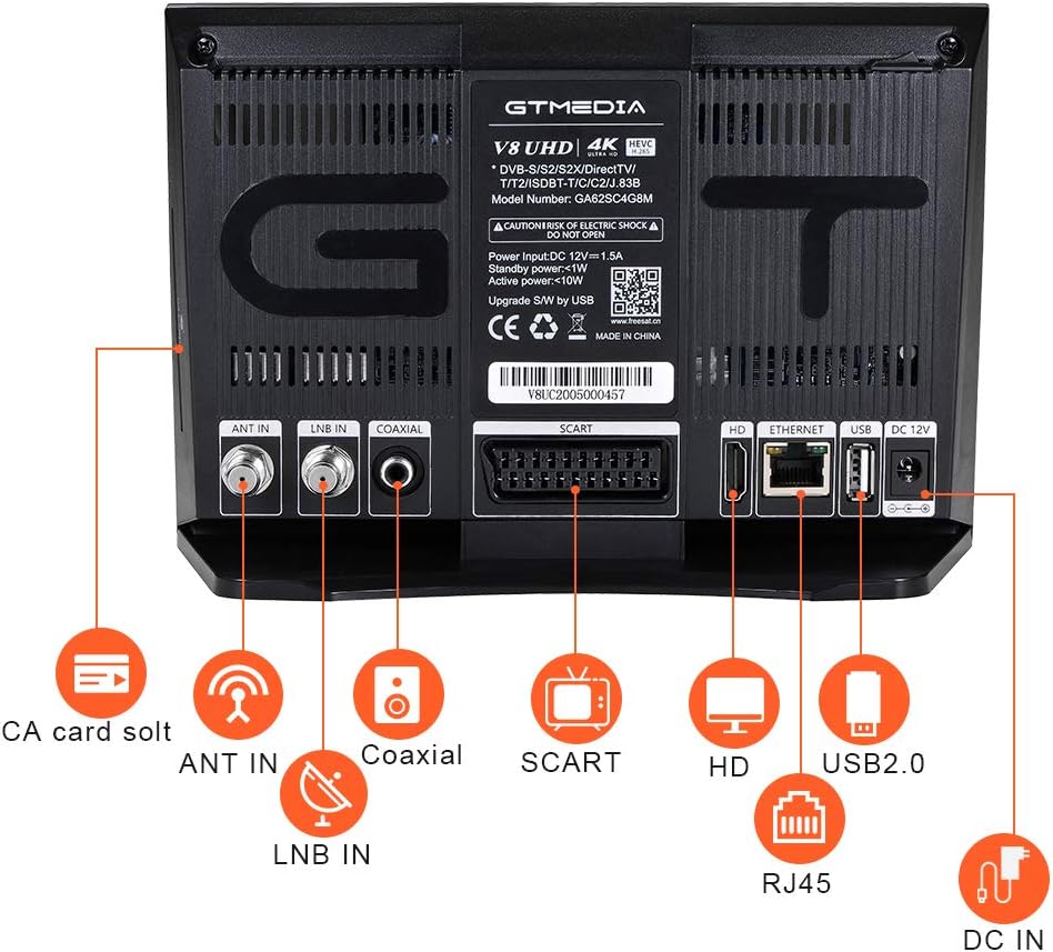 GTMEDIA V8 UHD 4K Ultra HD Digital Satellite Receiver, FTA H.265 TV Sat Decoder DVB-S/S2/S2X+T/T2/Cable/ISDB-T/ATSC-C, Built-in 2.4G WiFi, Supports CA Smart Card, Biss Auto-roll: MP3 Players & Accessories