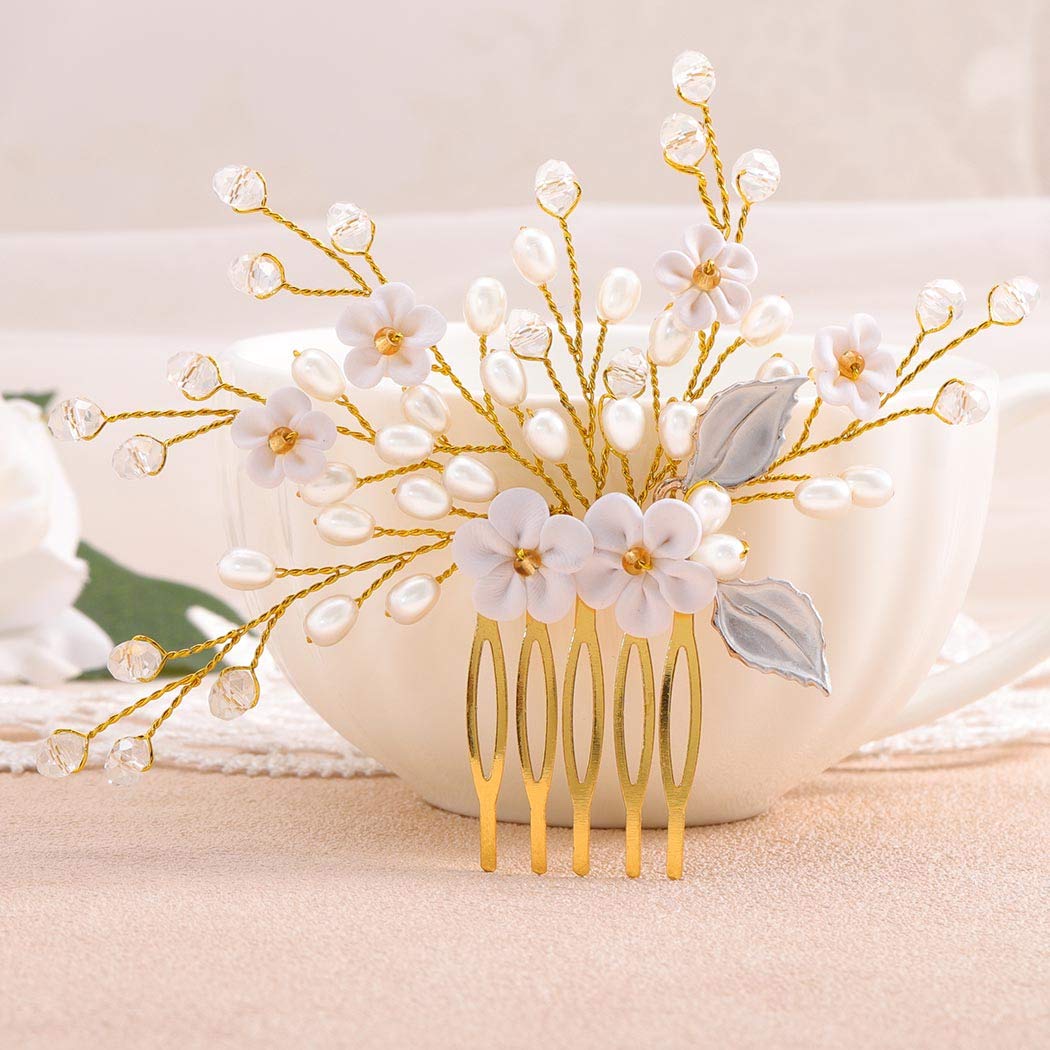 Fairvir Bridal Wedding Hair Comb Flower Silver Sparky Crystal Bride Pearl Leaf Side Combs Hair Accessories for Women and Girls (Silver)