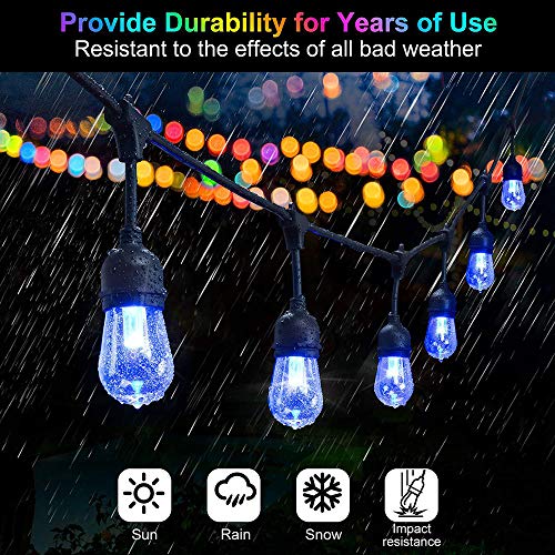 Commercial Grade Outdoor String Lights - 48FT RGB LED String Lights 15 Hanging Sockets Edison Bulbs Dimmable Remote Control Heavy-Duty Weatherproof Cord Strand for Garden Party Christmas