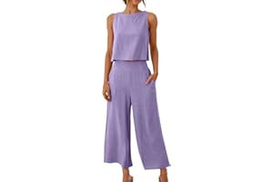 Olivcker Linen Set for Women 2 Piece Lounge Matching Sets 2024 Summer Sleeveless Crop Tops Capris Wide Leg Pants with Pockets