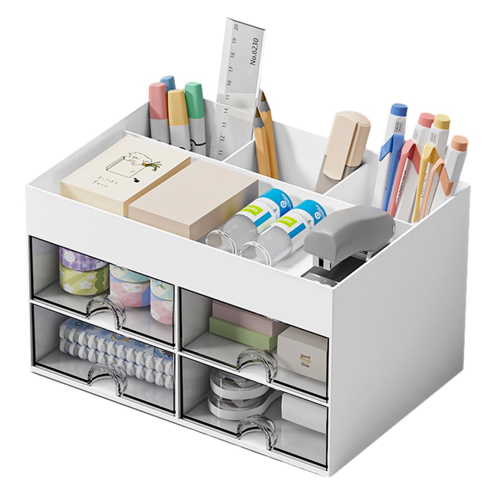Hggzeg Desk Organiser, Cute Makeup Storage Box with 4 Drawers and 4 Compartments, Desk Tidy Organiser Pen Holder for Home Office and School(White)