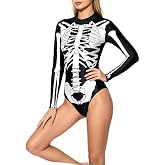 QPQEQTQ Halloween 3D Skeleton Bodysuit Womens Long Sleeve Zip Printed Costume Cosplay Print Tights One Piece Outfit