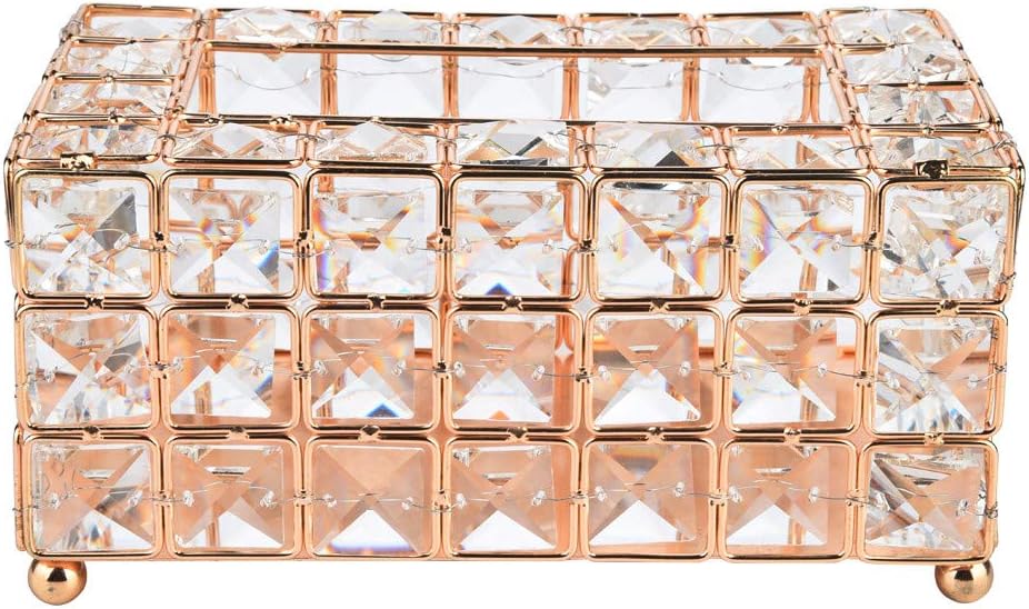 ASfairy Handmade Square Crystal Tissue Box Rectangular Holder for Storage on Bathroom Vanity, Countertop, Bedroom Dresser, Night Stand, Desk, Table Tissue Tray (Gold)