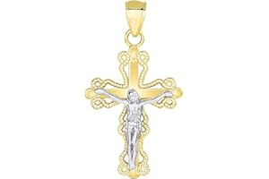 Jewelry America 14k Two Tone Gold Milgrain-Edged Religious Cross Small Crucifix Pendant