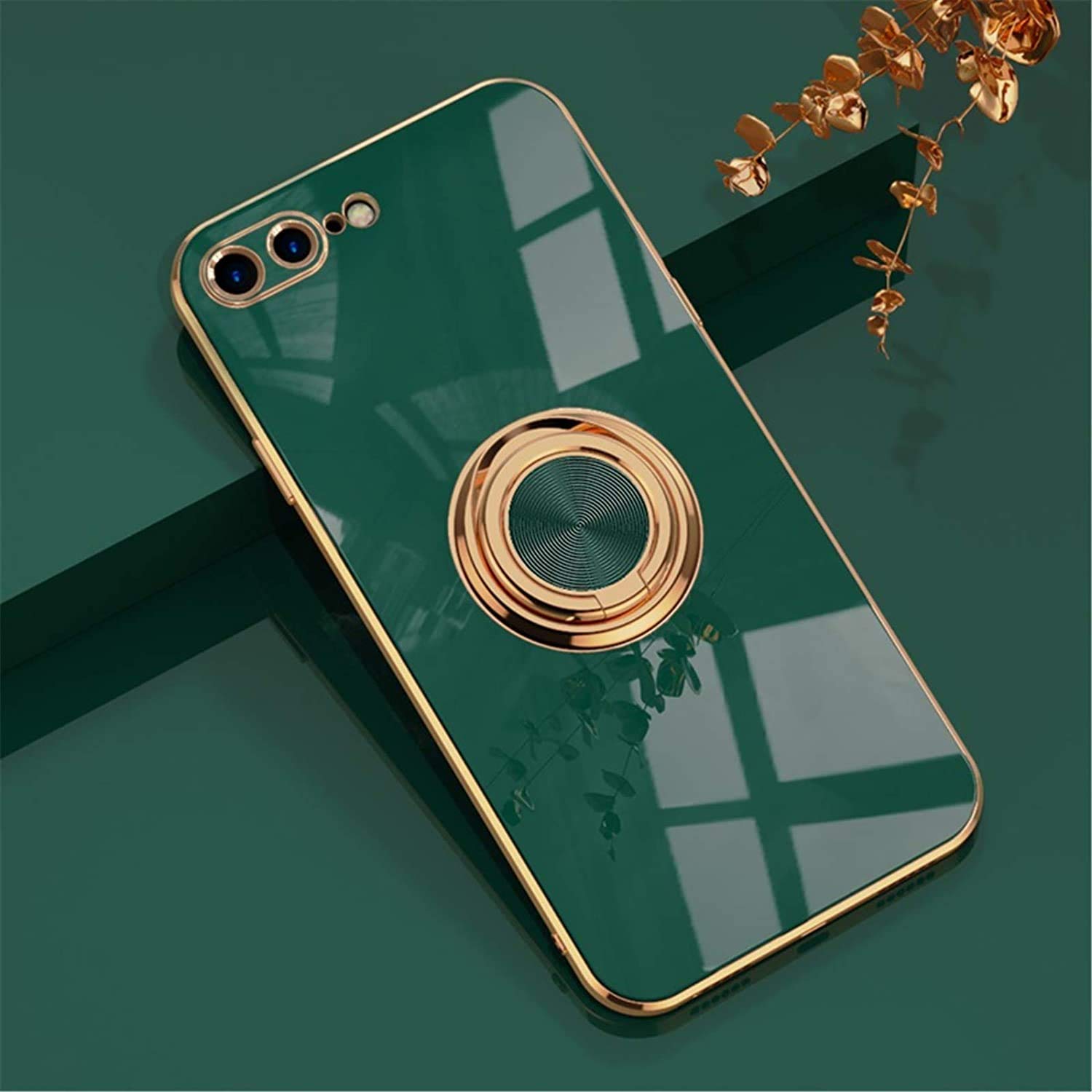 EYZUTAK Electroplated Magnetic Ring Holder Case, 360 Degree with Rotation Metal Finger Ring Holder Magnet Car Holder Soft Silicone Shockproof Cover for iPhone 7 Plus iPhone 8 Plus - Drak Green — image 1