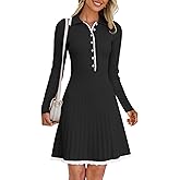 MEROKEETY Women's Long Sleeve V Neck Sweater Dress 2026 Fall Button Knit Pleated Mini Work Dresses
