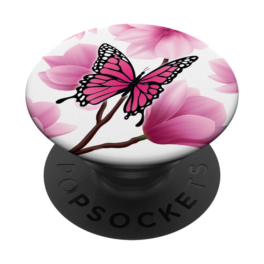 Cute Butterfly Pink Magnolia Flower Floral Women PopSockets Adhesive PopGrip