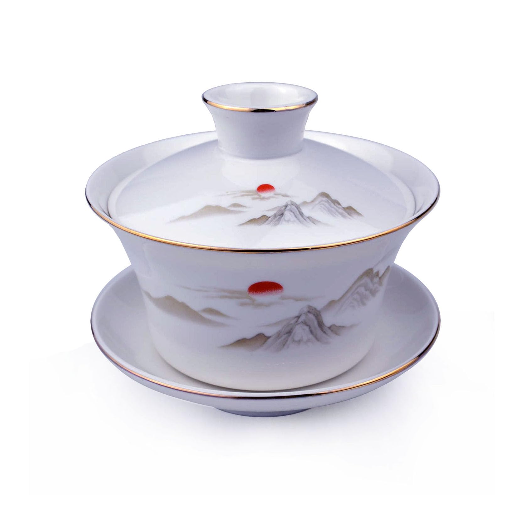 YXHUPOT Gaiwan White Porcelain Large teacup Sancai Tea Cup Set beauty pattern Lid Sun (9oz Medium)