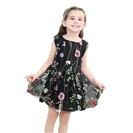Amazon 菲服 子供 女の子ドレスブラックノースリーブ草の花刺繍
