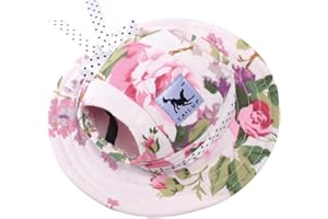 Harikaji Pet Cap, Round Hat Fashion Dog Canvas Princess Hat Baseball Adjustable Chin Strap Sun Protection Visor for Puppy Dog (L, Flower)