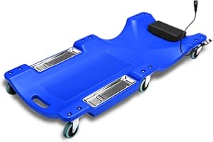 PM PERFROMOTOR PM PERFORMOTOR 40 Inch Low Profile Plastic Rolling Garage Shop Floor Creeper with LED Light, Padded Headrest, Dual Tool Trays, Casters, Blue,PM-TOL-CRP40-BL