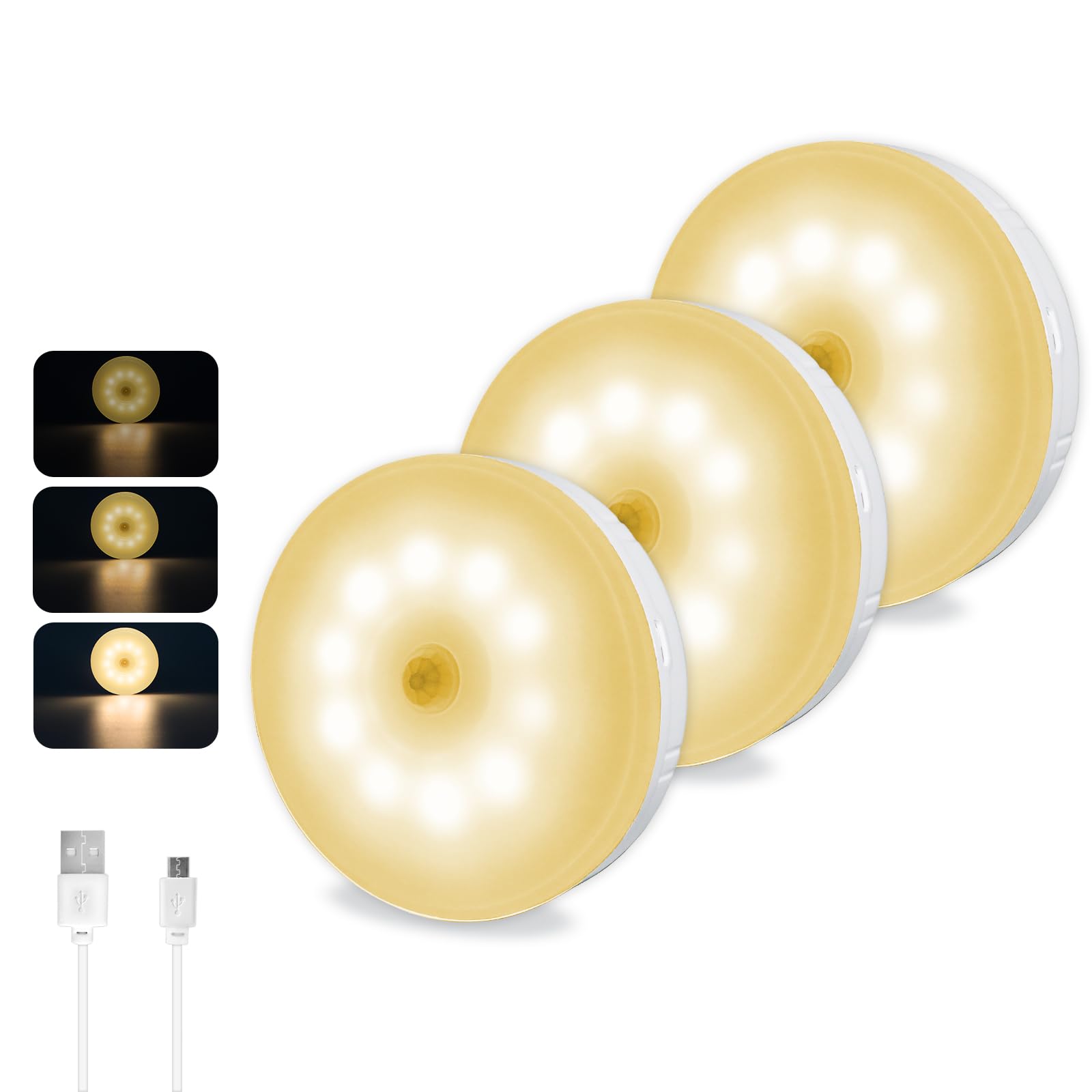 Akynite Motion Sensor Night Light USB Rechargeable, Warm White Dimmable, Magnetic Night Light, Motion Sensor Cupboard Lights, Automatic Light for Staircase Hallway, 3pcs