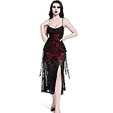 LANSHULAN Red & Black Velvet Slit Fitted Midi Goth Dress,Gothic Vintage Renaissance Halloween Dress