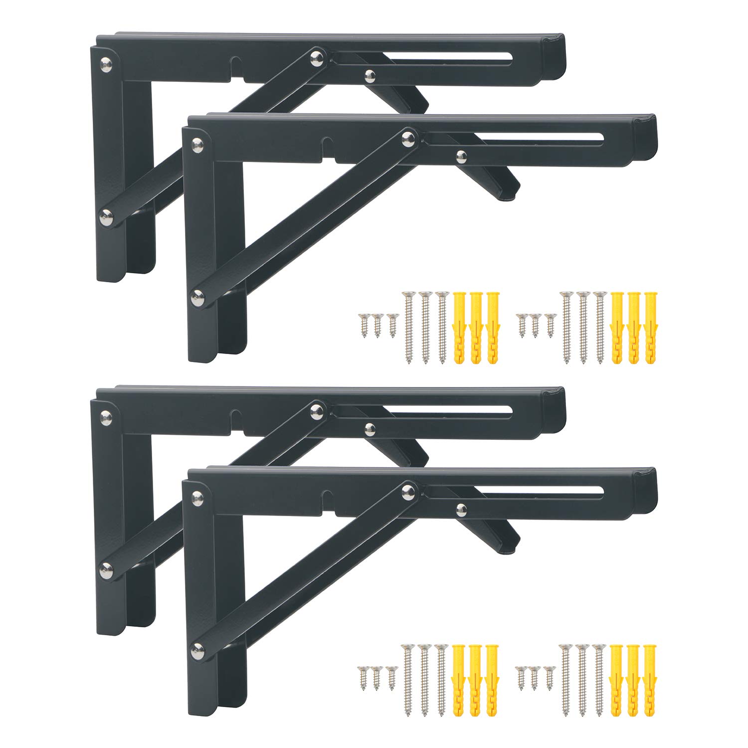Pxyelec Folding Shelf Bracket 10 inch, Heavy Duty Stainless Steel Collapsible Shelf Bracket for Table Work Bench, Space Saving DIY Bracket, Pack of 4 (Black)