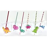 Pink Dinosaur Birthday Cups, Party Supplies, Plastic Disposable Cups with Lids and Paper Straws, Set of 12