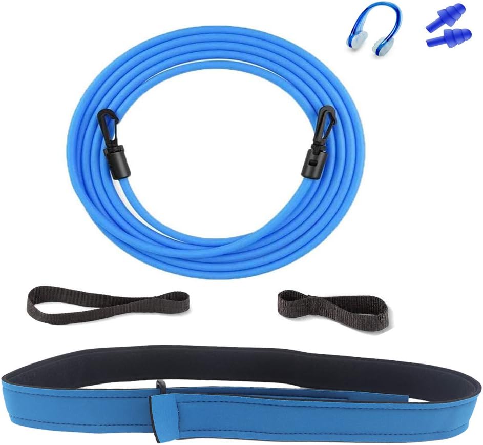 Happy Life Selection Swim Tether Stationary Swimming, 13.1FT Swim Belt Swim Bungee Cord Strap for Adults Kids Swim Training with Earplugs and Nose Clips( Blue): Sports & Outdoors