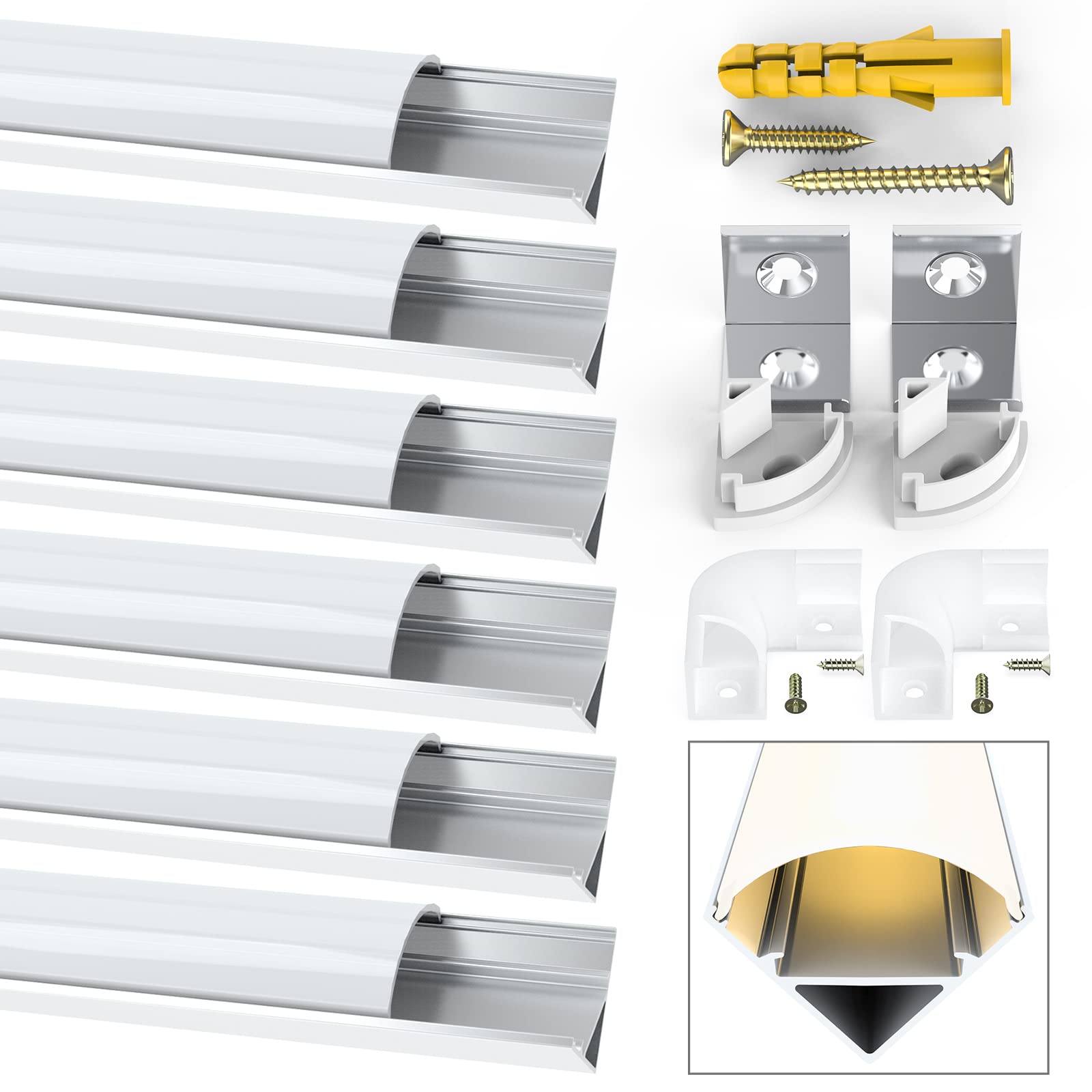 Jirvyuk Aluminum Profile, 6 Pack 1m/3.3ft V Shape LED Channel and Diffuser, Extrusion for Strip Lights With Cover, End Caps and Metal Mounting Clips (Milky White)