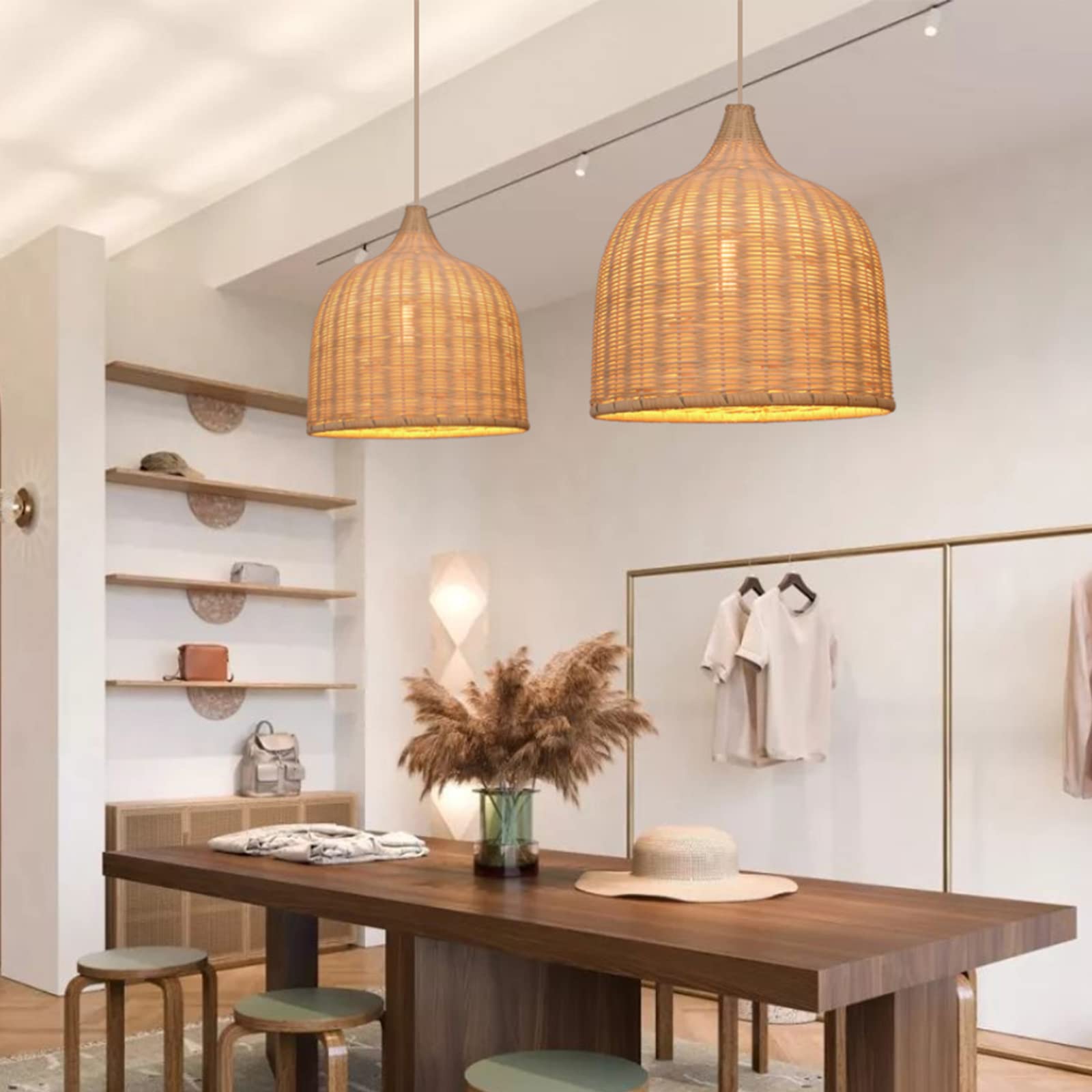 Photo 1 of Arturesthome 1 Light Rattan Woven Pendant Light 13.78in Handmade Ceiling Lighting Fixture Chandelier Hanging Lamp Lampshade for Kitchen Island Dining Room Hallway Foyer