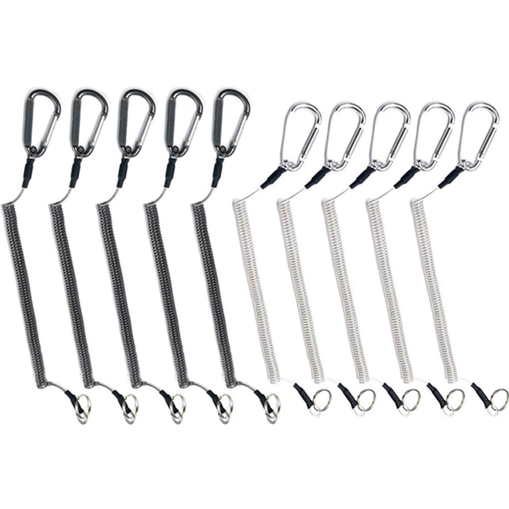 10 Pieces Anti-Disappearing Rope for Carabiners, Spiral Spring Keyrings for Securing Pliers, Anti-Loss Stretchy Cord, Tongs/Fishing Tools (Grey and Silver)